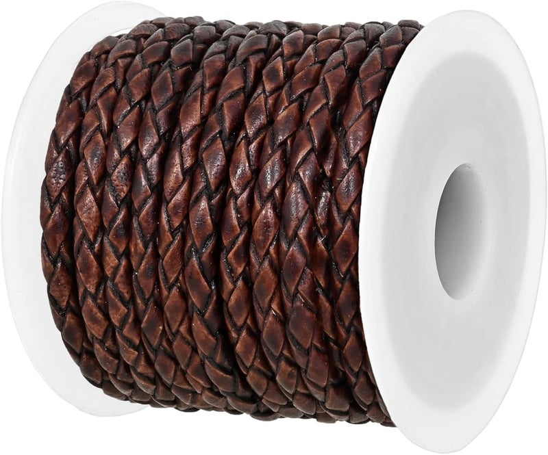 GENIQUE Real/Genuine Round Braided Leather Cord String Rope Folded, Leather Rope for Crafts, Jewelry Making, Necklace, Bracelets (5 Metres) (3mm, Antique Brown Distressed) - Image 1